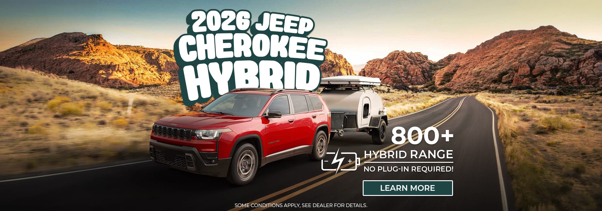 Red Jeep Cherokee Hybrid towing a trailer on a scenic desert road with text promoting 800+ hybrid range.