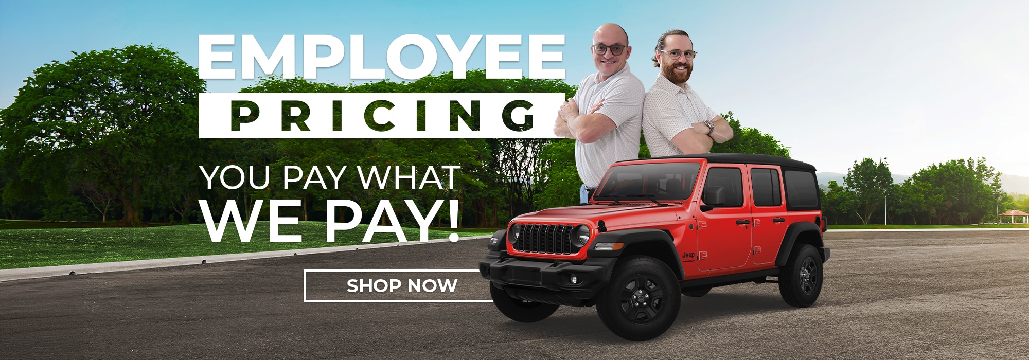 Red Jeep in front of two smiling people with "Employee Pricing" text. Scenic park backdrop.