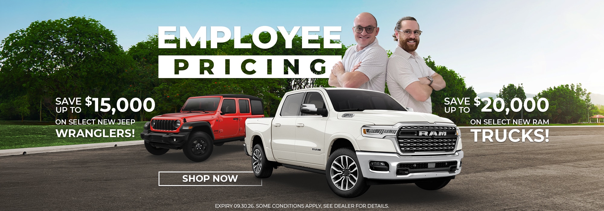 Red Jeep in front of two smiling people with "Employee Pricing" text. Scenic park backdrop.