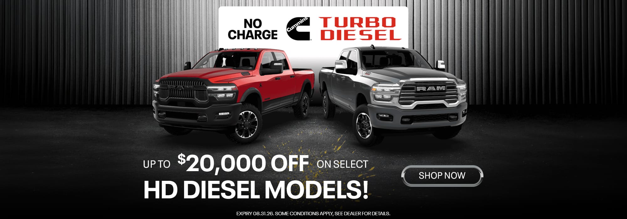Red and gray RAM trucks with "No Charge Turbo Diesel" offer, up to $20,000 off HD models. Shop now.