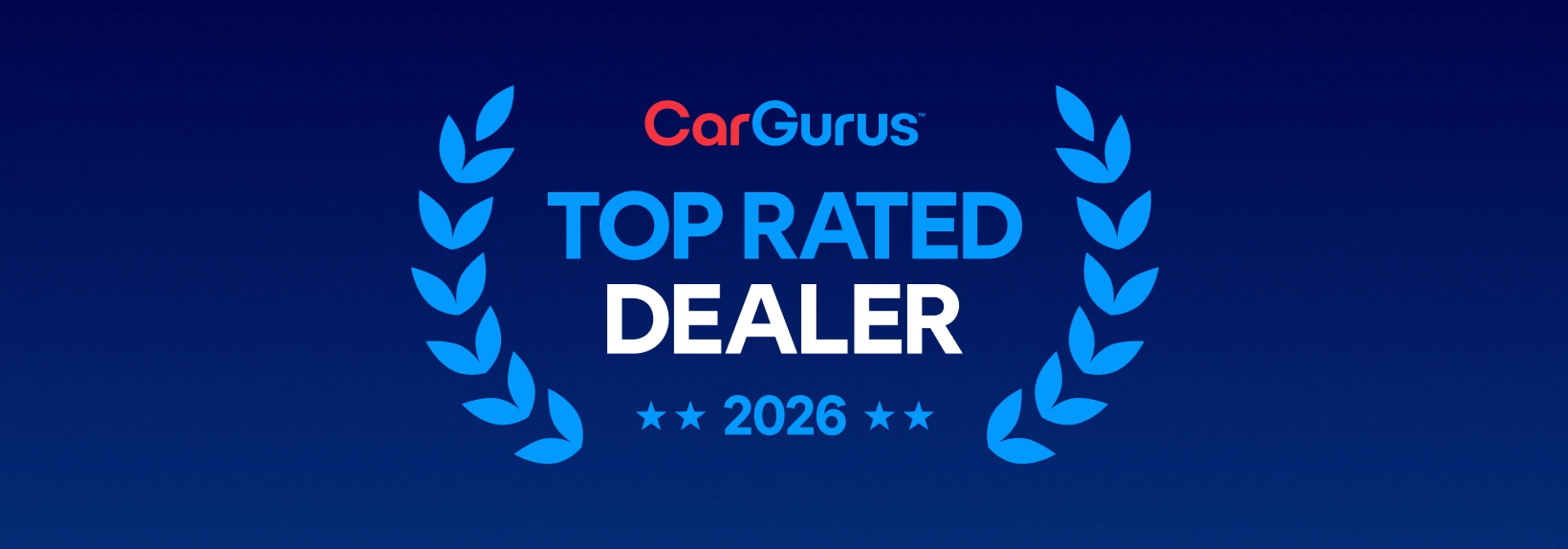 CarGurus Top Rated Dealer 2026 logo with blue laurel wreaths on a dark background.