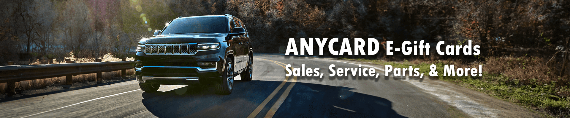 SUV driving on a scenic road with text promoting ANYCARD E-Gift Cards for sales and services.