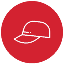White baseball cap icon on a red circular background.