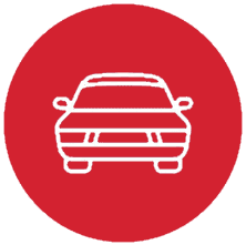 Car outline icon on a red circle background, representing transportation or automotive services.