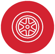 Outline of a car wheel on a red circle background.