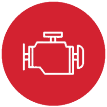 Outline of an engine on a red circular background, symbolizing automotive or mechanical concepts.