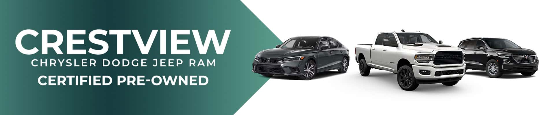 Crestview Chrysler Dodge Jeep Ram certified pre-owned vehicles with a sedan, truck, and SUV displayed.