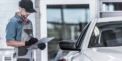 Mechanic in uniform inspects a white car with a clipboard, reflecting attention to detail.
