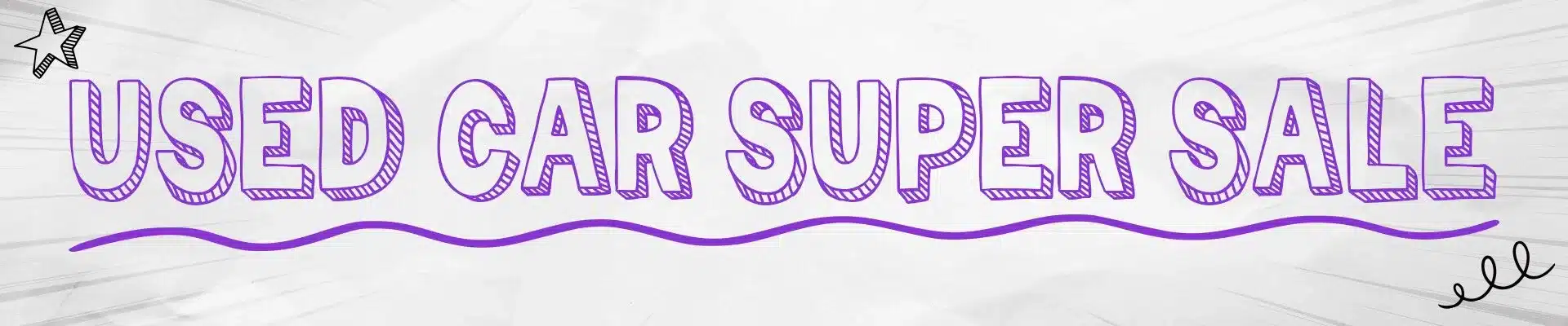 "Used Car Super Sale" text with star and swirl accents, featuring bold purple lettering.