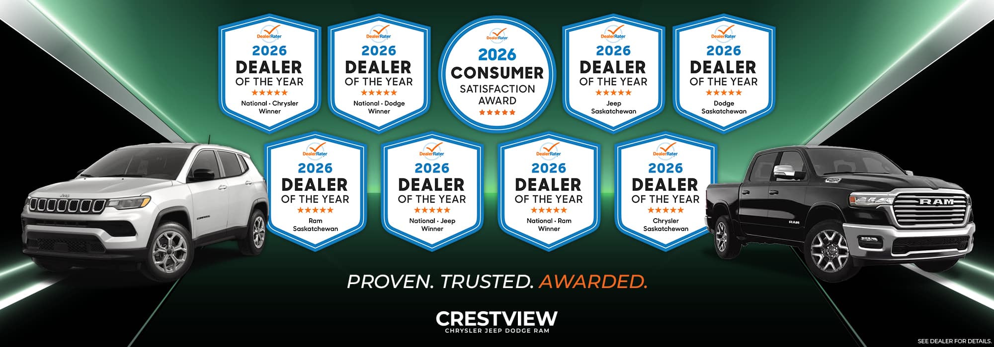 2026 Dealer of the Year awards for various categories, featuring Jeep and Ram vehicles.