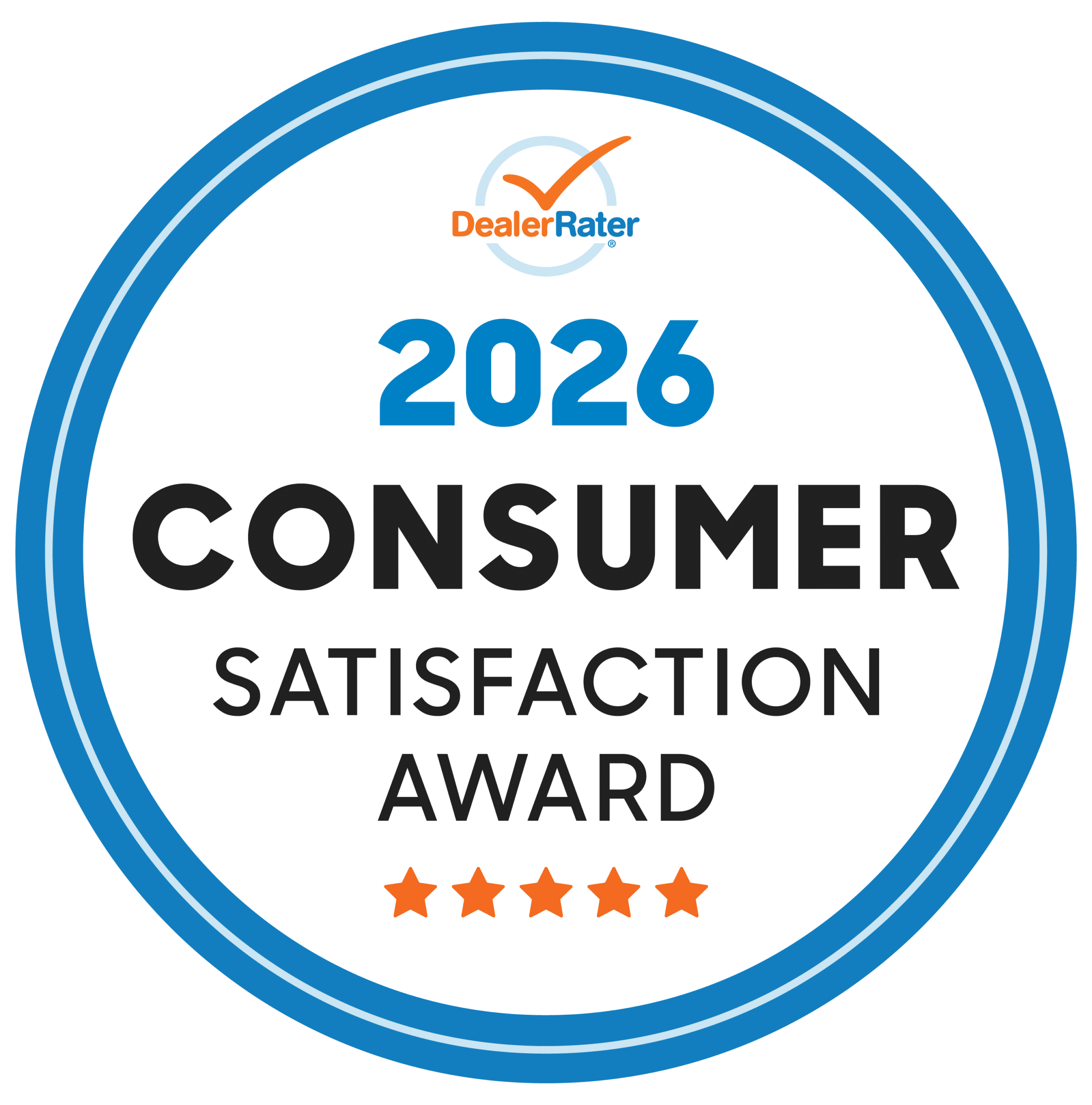 DealerRater 2026 Consumer Satisfaction Award badge with five orange stars.