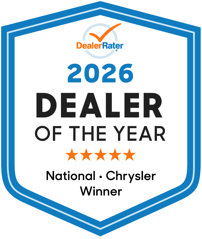 2026 DealerRater National Chrysler Dealer of the Year award badge with five stars.
