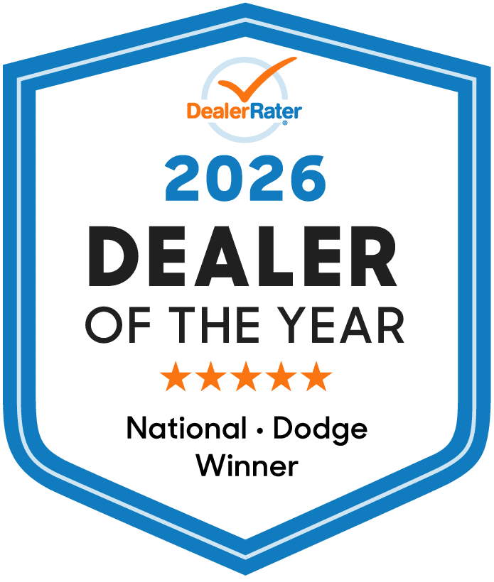 "2026 Dealer of the Year award logo, National Dodge winner, 5-star rating by DealerRater."