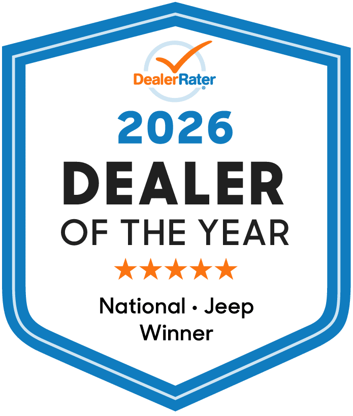 DealerRater 2026 Dealer of the Year badge for National Jeep Winner with five stars.