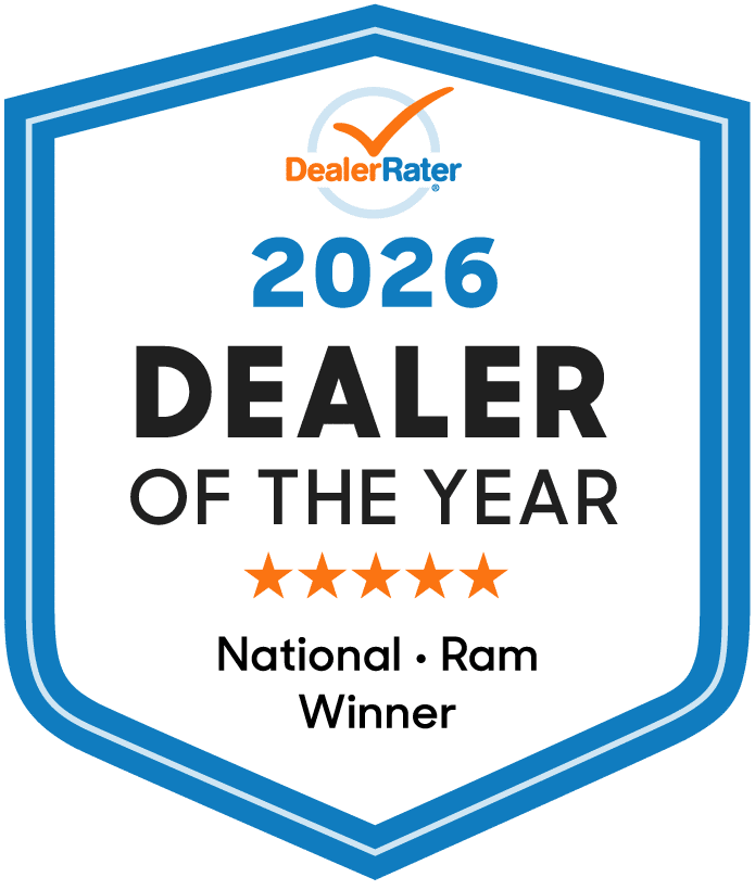 2026 DealerRater Dealer of the Year badge for National Ram Winner with five stars.