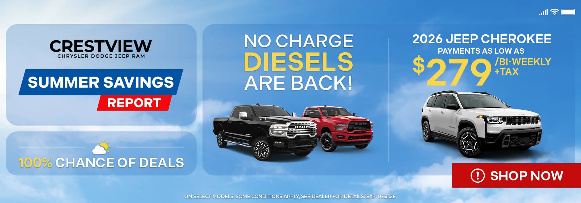 Crestview Chrysler Dodge offers summer savings on 2026 Jeep Cherokee from $279 bi-weekly. Shop now.